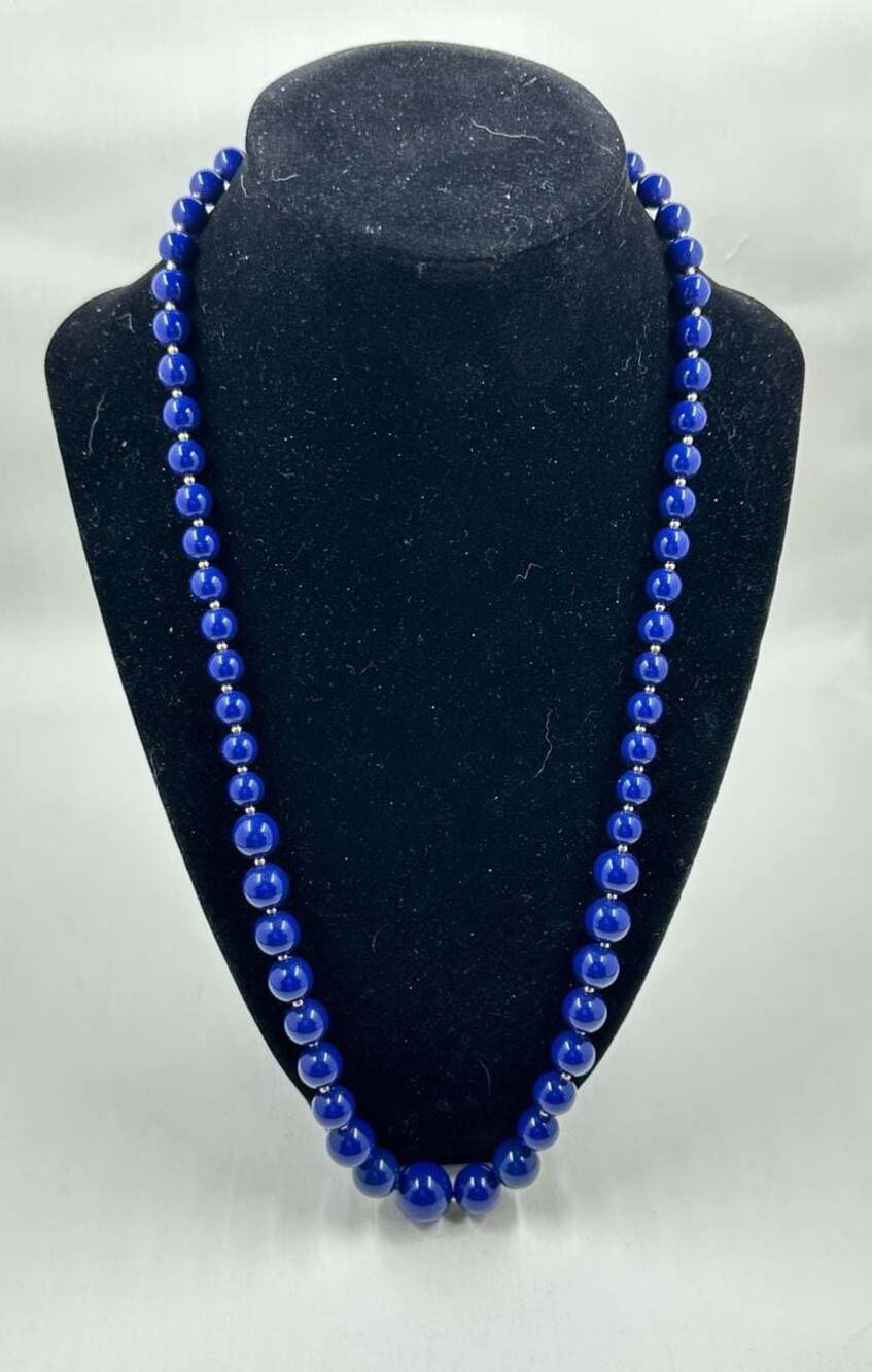 Vintage Lapis Lazuli Bead Necklace with Gold-Tone Spacer Beads and Lobster Clasp